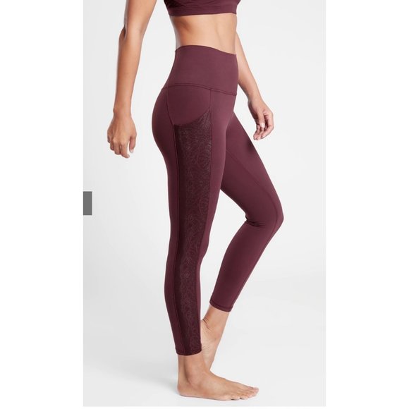 Athleta Pants - NEW ATHLETA Salutation Stash II Lace 7/8 Tights Leggings Maroon